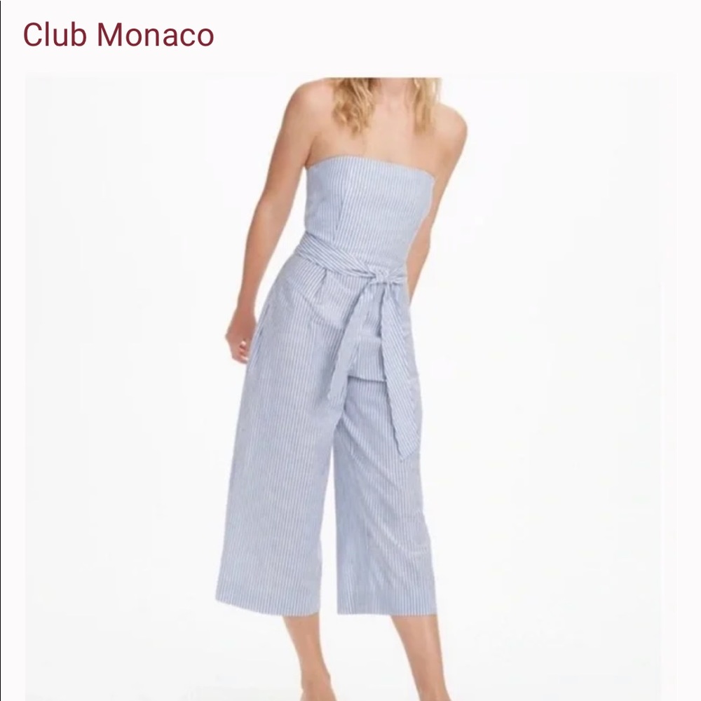 Club Monaco Blue and White Strapless Jumpsuit. Size 4